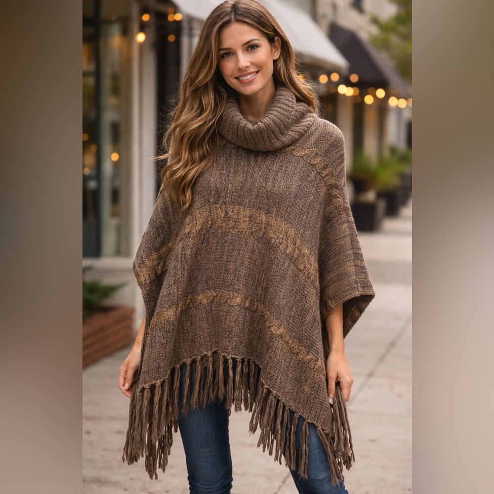 Collection XIIX Brown Fringe Turtleneck Poncho Sweater